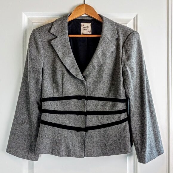 Nanette Lepore Grey Black Grosgrain Bow Trim Wool Blazer - Picture 1 of 7
